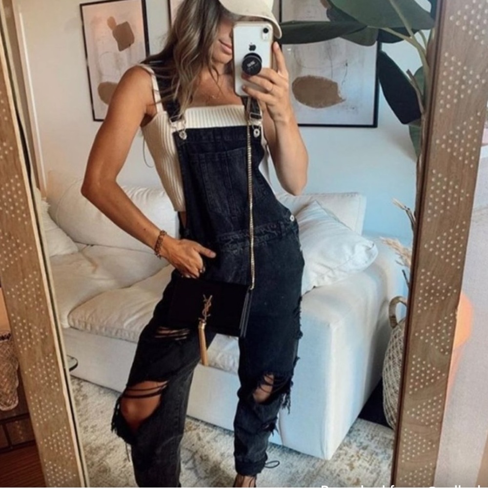 12th Tribe Black Distressed Overalls
